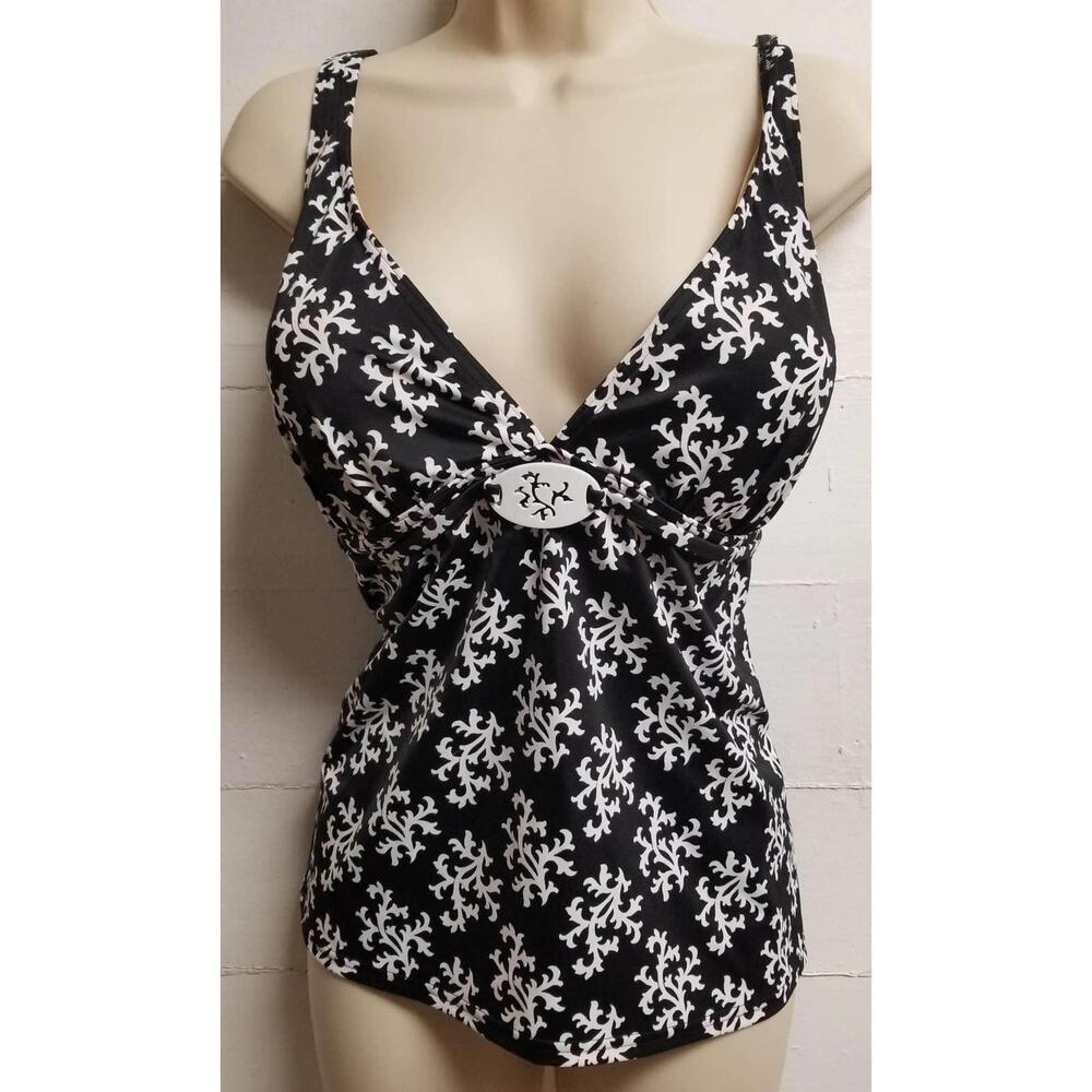 Land's End Tankini Top Black White Long Padded Cup Swimsuit V Neck 18